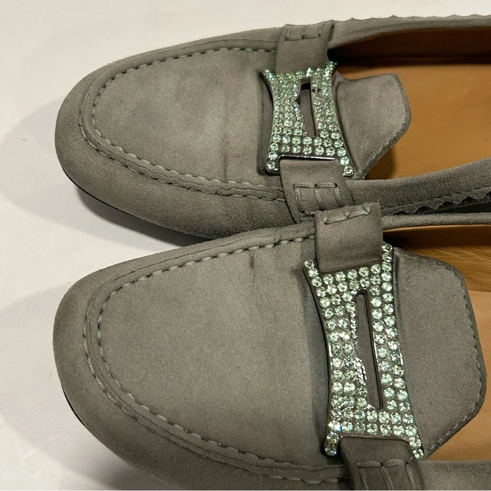 TOD’S Suede Leather Driving Loafers Rhinestone Crystal Buckle, Gray, Sz 9.5 - Picture 14 of 14